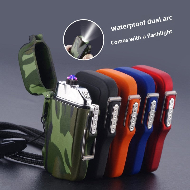 Multifunctional Metal Flashlight Waterproof Silent Dual Arc Lighter